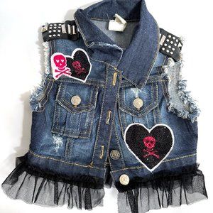Girls True Luv Skull Tulle Studded Skull Patch Denim Vest